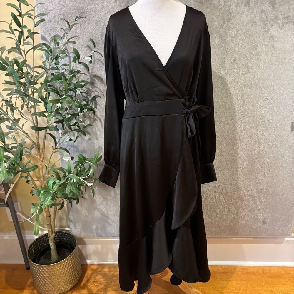 Sofia Vergara Black Wrap Midi Dress L Boho Chic Date Night Ruffle Hem Sz L